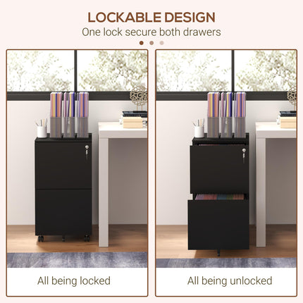 2 Drawer Mobile Steel Filing Cabinet with Lock - Black