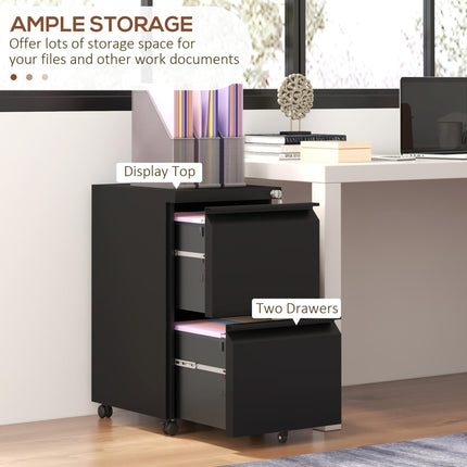2 Drawer Lockable Mobile Filing Cabinet with Adjustable Hanging Bar - Black