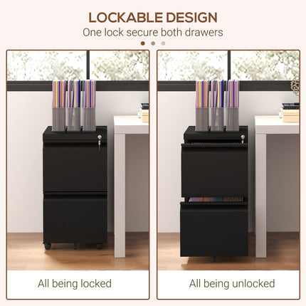 2 Drawer Lockable Mobile Filing Cabinet with Adjustable Hanging Bar - Black