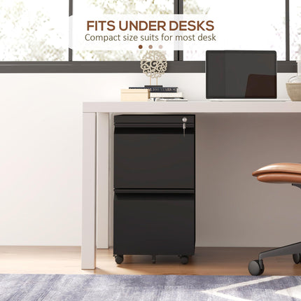 2 Drawer Lockable Mobile Filing Cabinet with Adjustable Hanging Bar - Black