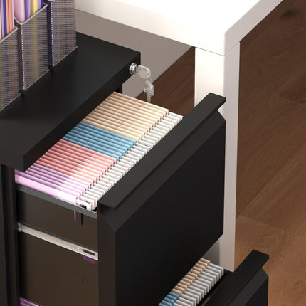 2 Drawer Lockable Mobile Filing Cabinet with Adjustable Hanging Bar - Black
