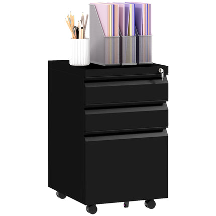 3-Drawer Lockable Mobile Filing Cabinet with Pencil Tray and Adjustable Hanging Bar for A4, Legal Size - Black