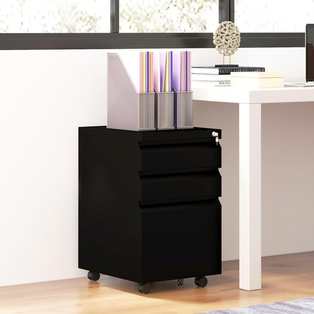 3-Drawer Lockable Mobile Filing Cabinet with Pencil Tray and Adjustable Hanging Bar for A4, Legal Size - Black