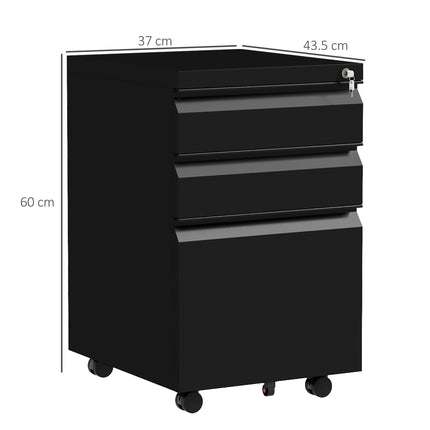 3-Drawer Lockable Mobile Filing Cabinet with Pencil Tray and Adjustable Hanging Bar for A4, Legal Size - Black