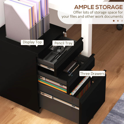 3-Drawer Lockable Mobile Filing Cabinet with Pencil Tray and Adjustable Hanging Bar for A4, Legal Size - Black