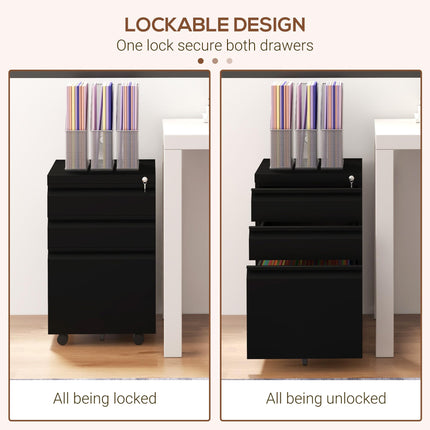 3-Drawer Lockable Mobile Filing Cabinet with Pencil Tray and Adjustable Hanging Bar for A4, Legal Size - Black