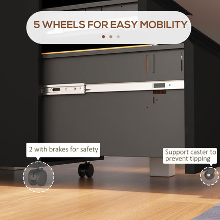 3-Drawer Lockable Mobile Filing Cabinet with Pencil Tray and Adjustable Hanging Bar for A4, Legal Size - Black
