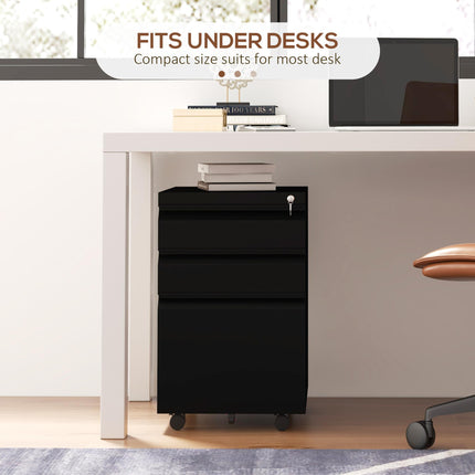 3-Drawer Lockable Mobile Filing Cabinet with Pencil Tray and Adjustable Hanging Bar for A4, Legal Size - Black