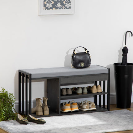 Upholstered Shoe Storage Bench with 3 Open Shelves and Seat for Entryway - Grey