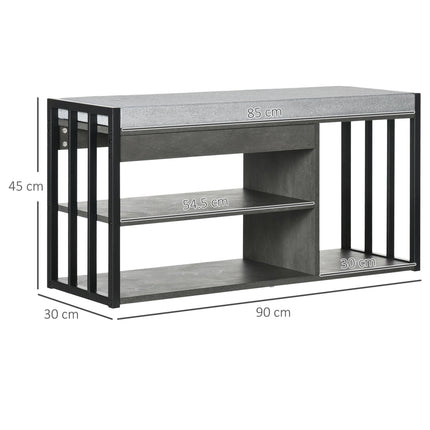 Upholstered Shoe Storage Bench with 3 Open Shelves and Seat for Entryway - Grey