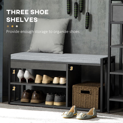 Upholstered Shoe Storage Bench with 3 Open Shelves and Seat for Entryway - Grey