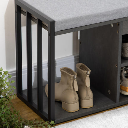 Upholstered Shoe Storage Bench with 3 Open Shelves and Seat for Entryway - Grey