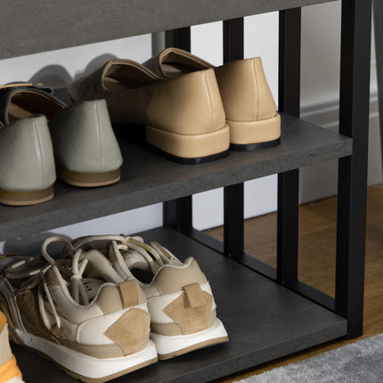 Upholstered Shoe Storage Bench with 3 Open Shelves and Seat for Entryway - Grey