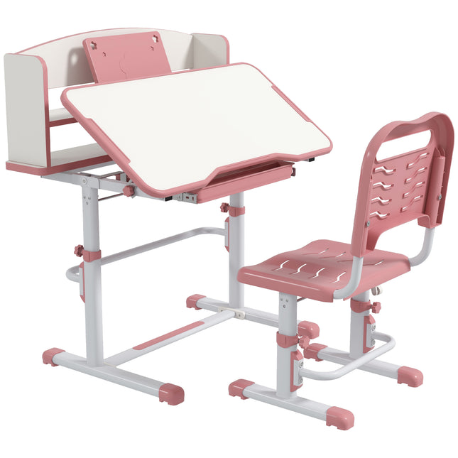 Height Adjustable Kids Study Table and Chair Set with Storage - Pink