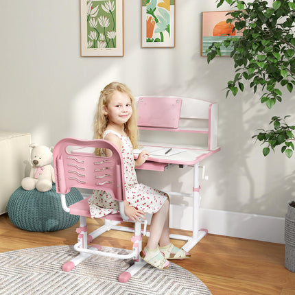 Height Adjustable Kids Study Table and Chair Set with Storage - Pink