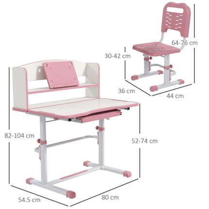 Height Adjustable Kids Study Table and Chair Set with Storage - Pink