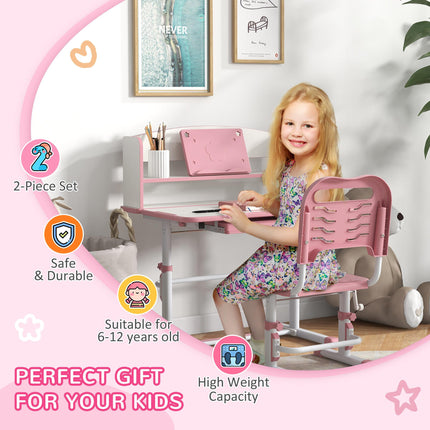 Height Adjustable Kids Study Table and Chair Set with Storage - Pink