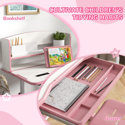 Height Adjustable Kids Study Table and Chair Set with Storage - Pink