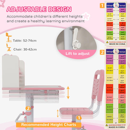 Height Adjustable Kids Study Table and Chair Set with Storage - Pink