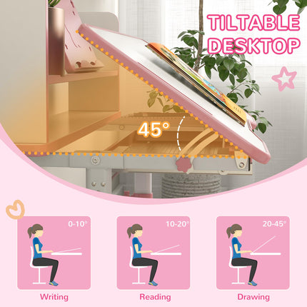 Height Adjustable Kids Study Table and Chair Set with Storage - Pink