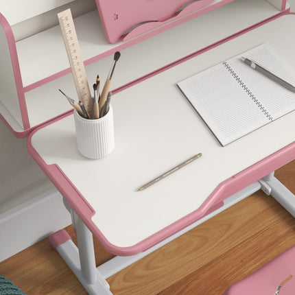Height Adjustable Kids Study Table and Chair Set with Storage - Pink