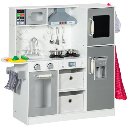Toy Kitchen Set with Lights, Sounds, Ice Maker, Microwave, Apron & Chef Hat for Ages 3-6 - White