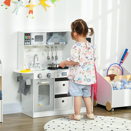 Toy Kitchen Set with Lights, Sounds, Ice Maker, Microwave, Apron & Chef Hat for Ages 3-6 - White