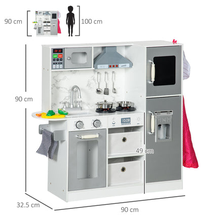 Toy Kitchen Set with Lights, Sounds, Ice Maker, Microwave, Apron & Chef Hat for Ages 3-6 - White