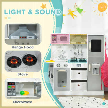 Toy Kitchen Set with Lights, Sounds, Ice Maker, Microwave, Apron & Chef Hat for Ages 3-6 - White