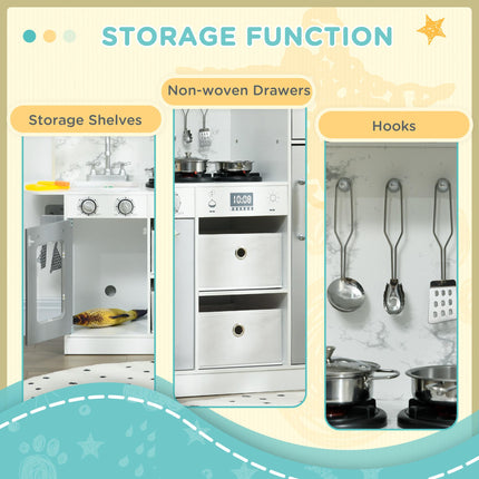 Toy Kitchen Set with Lights, Sounds, Ice Maker, Microwave, Apron & Chef Hat for Ages 3-6 - White