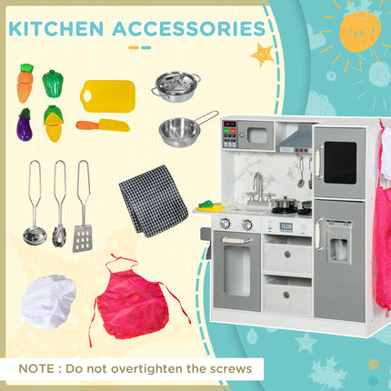 Toy Kitchen Set with Lights, Sounds, Ice Maker, Microwave, Apron & Chef Hat for Ages 3-6 - White