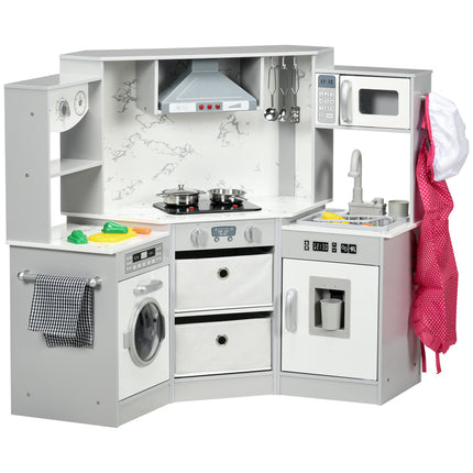 Toy Kitchen with Running Water, Lights, Sounds, Apron & Chef Hat, Water Dispenser for Ages 3-6 - Grey