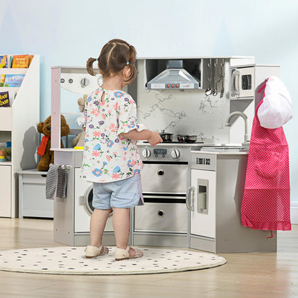 Toy Kitchen with Running Water, Lights, Sounds, Apron & Chef Hat, Water Dispenser for Ages 3-6 - Grey