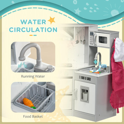 Toy Kitchen with Running Water, Lights, Sounds, Apron & Chef Hat, Water Dispenser for Ages 3-6 - Grey