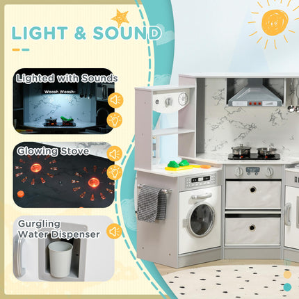 Toy Kitchen with Running Water, Lights, Sounds, Apron & Chef Hat, Water Dispenser for Ages 3-6 - Grey