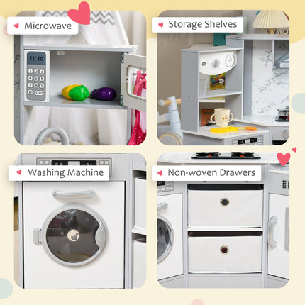 Toy Kitchen with Running Water, Lights, Sounds, Apron & Chef Hat, Water Dispenser for Ages 3-6 - Grey