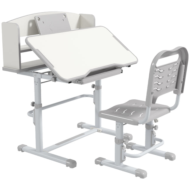 Height Adjustable Kids Study Table and Chair Set with Storage Shelf - Grey