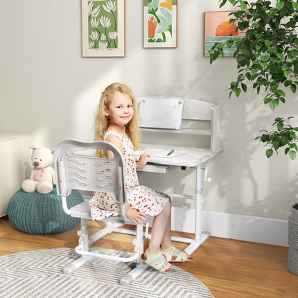 Height Adjustable Kids Study Table and Chair Set with Storage Shelf - Grey