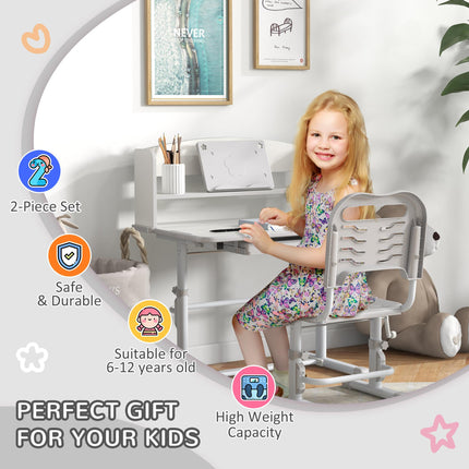 Height Adjustable Kids Study Table and Chair Set with Storage Shelf - Grey