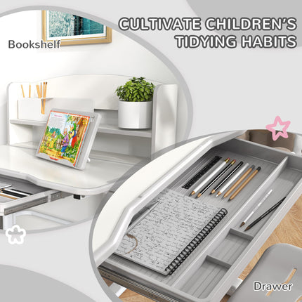 Height Adjustable Kids Study Table and Chair Set with Storage Shelf - Grey