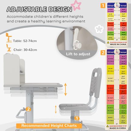 Height Adjustable Kids Study Table and Chair Set with Storage Shelf - Grey