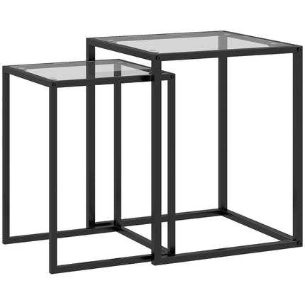 Nesting Tables Set of 2 with Tempered Glass Top and Steel Frame - Black