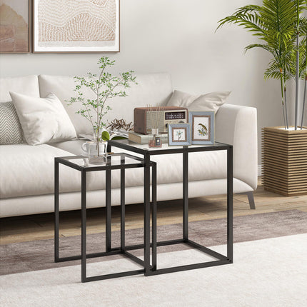 Nesting Tables Set of 2 with Tempered Glass Top and Steel Frame - Black