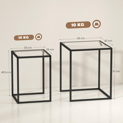 Nesting Tables Set of 2 with Tempered Glass Top and Steel Frame - Black