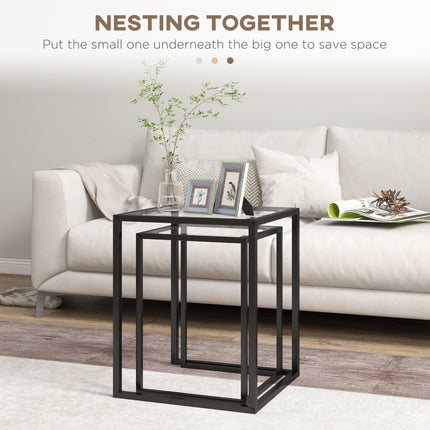 Nesting Tables Set of 2 with Tempered Glass Top and Steel Frame - Black