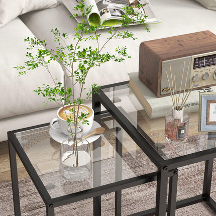 Nesting Tables Set of 2 with Tempered Glass Top and Steel Frame - Black