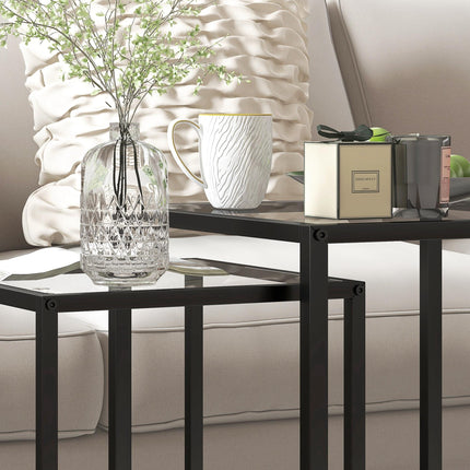 Nesting Tables Set of 2 with Tempered Glass Top and Steel Frame - Black
