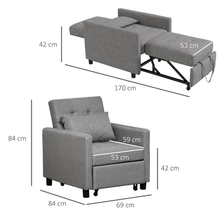 3-in-1 Convertible Sleeper Chair Bed with Adjustable Backrest, Pillow & Footrest - Grey