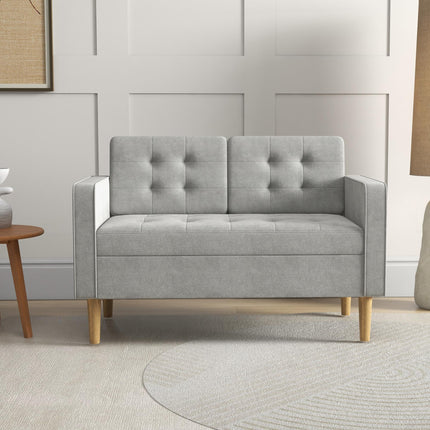 Modern 2 Seater Loveseat Sofa with Hidden Storage and Tufted Cotton Upholstery - Light Grey