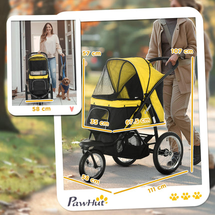 Foldable Pet Stroller Jogger for Small & Medium Dogs with Adjustable Canopy & 3 Large Wheels - Yellow